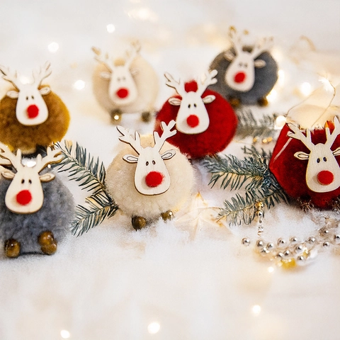 Christmas Reindeer Sheep Felt Ball Hanging Ornaments Wooden Plywood Mini Cute Lamb Wool Pellets Xmas Tree Holiday Decor