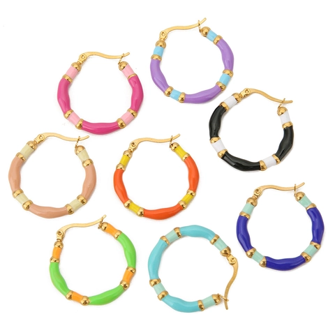 Orecchini A Cerchio In Bambù Bohémien Acciaio Inossidabile Placcato Oro Smalto Colorato Gioielli Geometrici Arcobaleno Per Donne