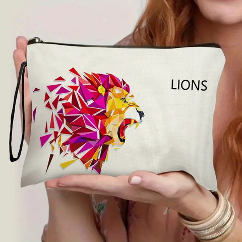 Trousse Da Trucco In Tela Con Stampa Leone Geometrico Borsa Per Cosmetici Capiente Con Cerniera E Cinturino