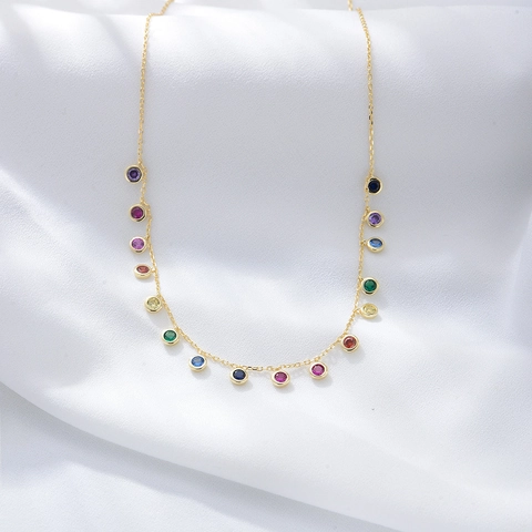 Collana in Argento Sterling 925 Con Zirconia Colorata Rotonda per Donna Pendente in Pietra Preziosa Arcobaleno Catena Girocollo Oro