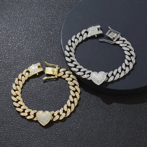 Cuban Chain Bracelet Heart Pendant Zinc Alloy Iced Out Rhinestone Hip Hop Jewelry For Men Women