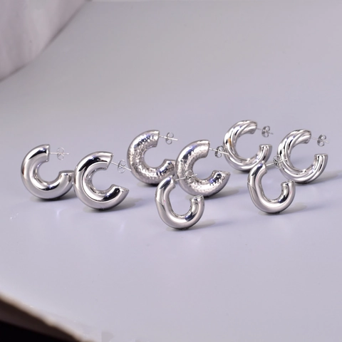 Orecchini a Cerchio Minimalisti Francesi in Acciaio Inossidabile a Forma di C per Donna Argento Lucidato Martellato Intrecciato Con Strass Gioielli