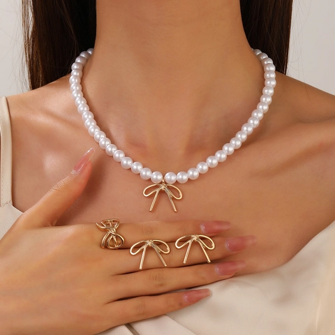 Vintage Sweet Alloy Artificial Pearl Bow Jewelry Set For Women Elegant Gold Silver Color Necklace Earrings Ring Set