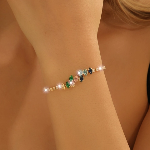 Bracciale In Zirconia Marquise Colorata Lega Placcata Oro Grappolo Di Foglie Catena Da Tennis Gioielli Eleganti Da Donna