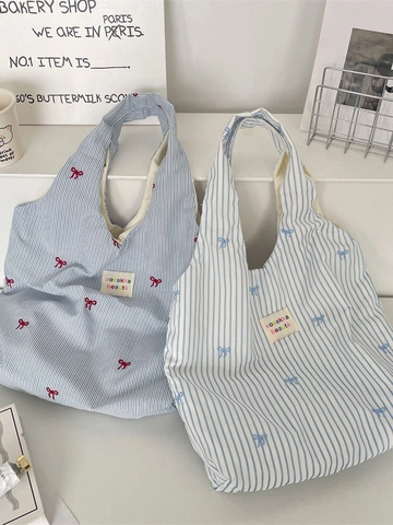 Sac Fourre-tout Décontracté Pour Femmes Toile De Polyester Vichy Bleu Rayé Broderie Nœud Grande Capacité Sac Shopping