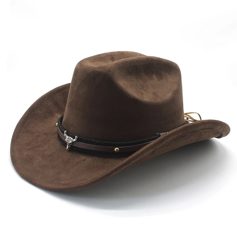 Western Cowboy Hat Retro Suede Felt Wide Brim With Bull Head Skull Metal Ornament Rivets For Men Women Vintage Style