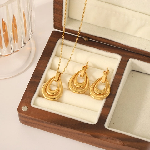 Doppelter Tropfen Ohrringe Halskette Edelstahl 18K Vergoldet Hohl Wassertropfen Geometrisch Mode Schmuck Damen