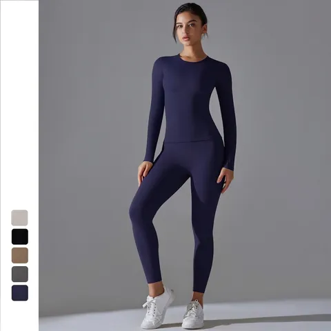 Yoga Outfit Voor Dames Top Met Lange Mouwen En Legging Met Hoge Taille Zak Slim Fit Sportkleding Vochtafvoerend Nylon Spandex