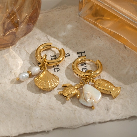 Pendientes De Aro Asimétricos Tema Océano Acero Inoxidable Chapado En Oro 18K Perla Barroca Artificial Tortuga Marina Concha Pez Impermeable