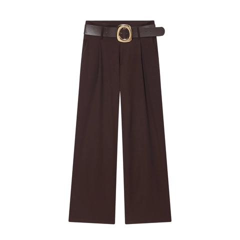 Women High Waist Wide Leg Pants With Faux Leather Belt Metal Buckle Elegant Business Casual Straight Trousers Brown