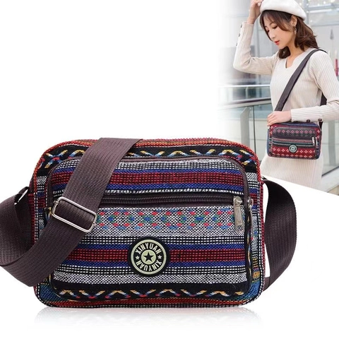 Borsa A Tracolla A Righe Etniche Tela Bohémien Borsa A Spalla Tasche Con Cerniera Multiple Tracolla Regolabile Casual Donna