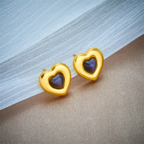 Heart Stud Earrings Titanium Steel Purple Gemstone Gold Plated Elegant Minimalist Korean Style Jewelry For Women Girls
