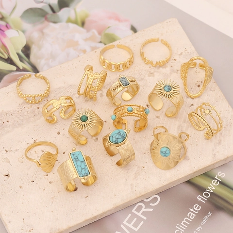 Vintage Turquoise Stainless Steel Adjustable Open Ring For Women Boho Hammered Metal Jewelry