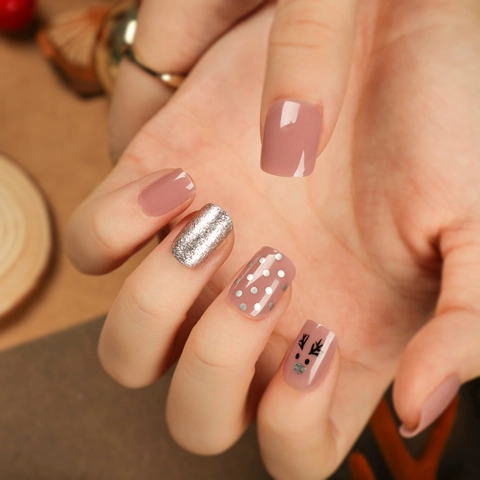 Unghie Finte Di Natale Soft Gel Corte Quadrate Rosa Renna Glitter Unghie Artificiali Manicure Decorazione Festiva