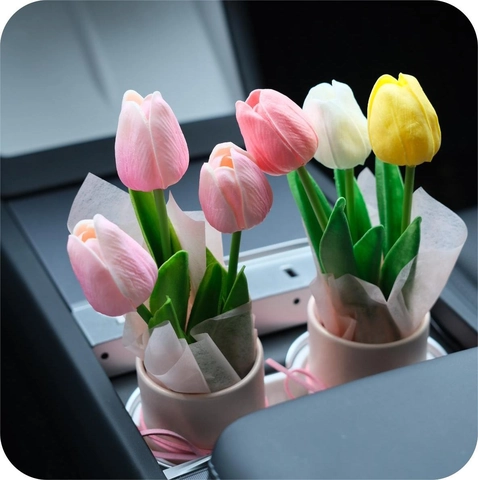 Bouquet Di Tulipani Artificiali Fatto A Mano PU Composizione Floreale Realistica Piccolo Vaso Secchiello Arredamento Casa Auto Regalo