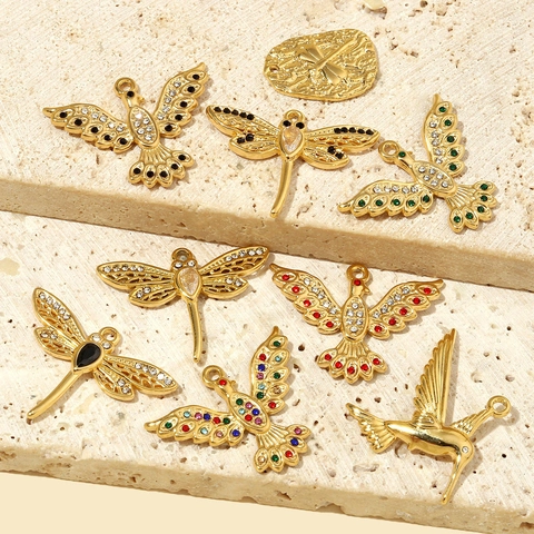 Dragonfly Bird Eagle Charms Pendants Stainless Steel Zircon Rhinestone DIY Jewelry Making Gold Plated Vintage Luxury