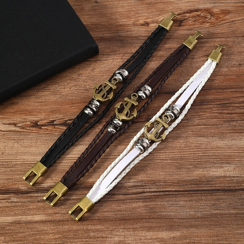 Pulsera De Cuero Trenzado Multicapa Vintage Para Hombre Con Dije De Ancla De Aleación Brazalete Náutico