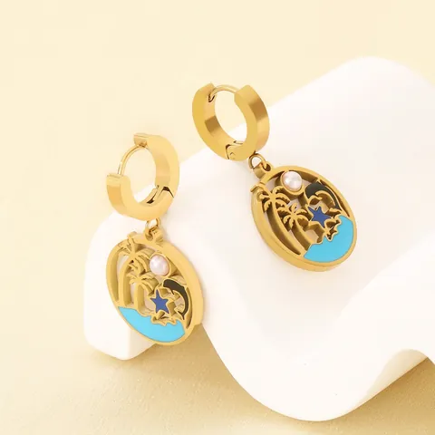 Pendientes De Aro De Acero Inoxidable Con Delfín Cocotero Paisaje Marino Esmalte Y Perla Artificial Joyas De Playa