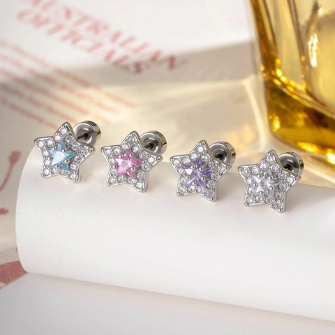 Pendientes De Cartílago De Estrella Brillante Con Barra De Acero De Titanio Y Zirconia Micro Pave Joyas De Piercing