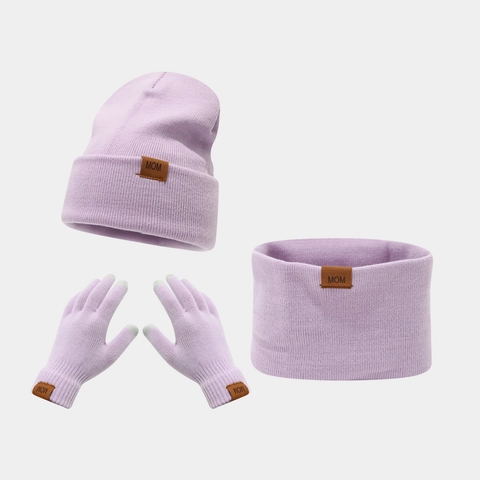 Gorro De Punto De Invierno Calentador De Cuello Y Guantes Táctiles Con Parche De Cuero MOM DAD Cálido Exterior Accesorio De Acrílico