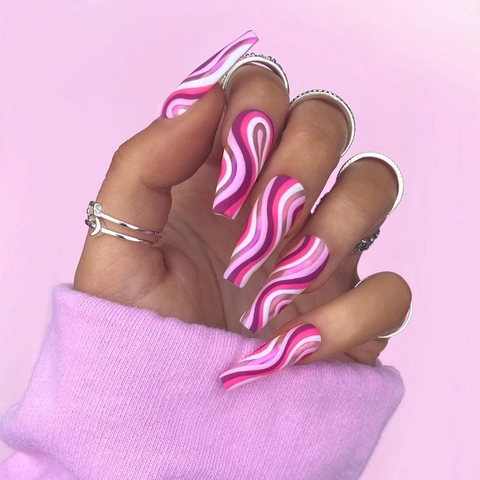 Uñas Postizas Press On Forma Ataúd Larga Plástico ABS Patrón Ondas Remolino Rosa Blanco Estilo Arte Moda Mujer
