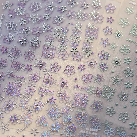 Stickers Nail Art Fleurs En Relief 5D Autocollants Holographiques Laser Argent Avec Strass Cristal Auto-Adhésifs