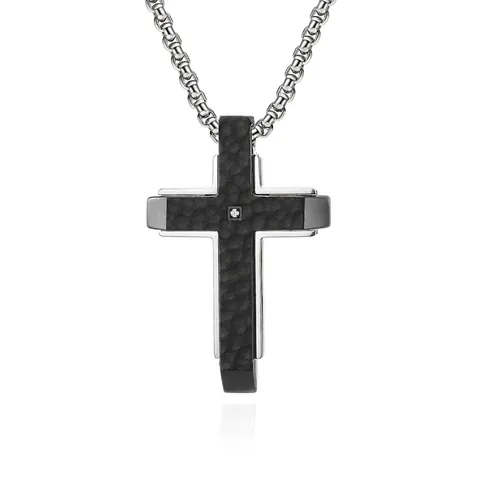 Kreuz Anhänger Halskette Edelstahl Gehämmert Abgeschrägt Zweifarbig Zirkon Inlay Streetwear Hip Hop Herren Schmuck
