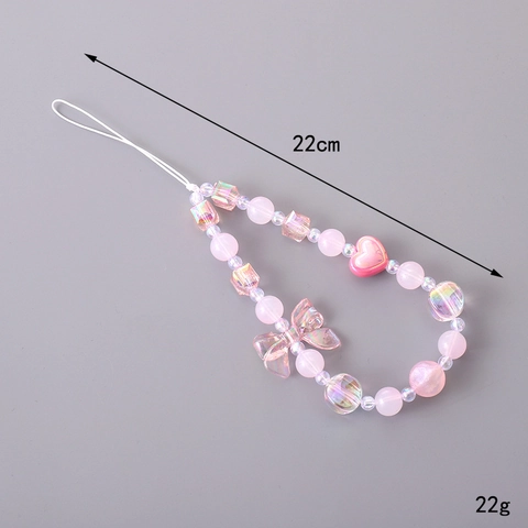 Dulce Cadena de Teléfono de Cuentas de Acrílico Colorido Colgante de Corazón Lazo Cordón Antipérdida Correa de Muñeca Mujer