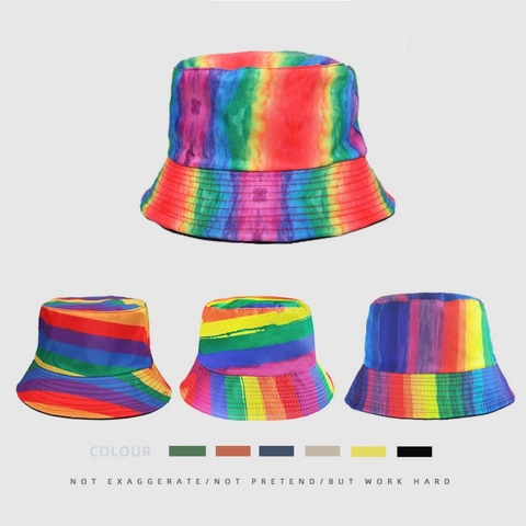 Chapeau Bob Rayé Arc-En-Ciel Réversible Polyester Protection Solaire Été Extérieur Décontracté Pour Hommes Femmes
