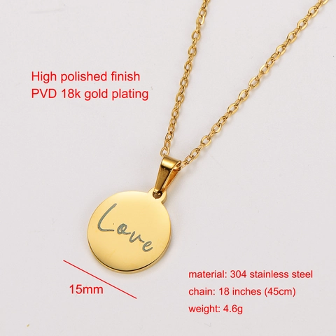 Collar Con Colgante De Disco Redondo Grabado Love Acero Inoxidable 304 Chapado En Oro De 18k PVD Joyería Regalo Mujer