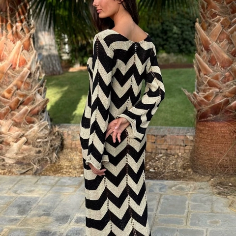 Women Zigzag Chevron Pattern Knit Maxi Dress Elegant V-neck Tie-up Hollow Out Long Sleeve Sleeveless Casual