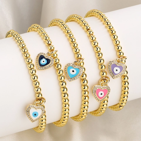 Heart Evil Eye Beaded Bracelet Gold Plated Copper Zircon Enamel Protection Bohemian Jewelry For Women