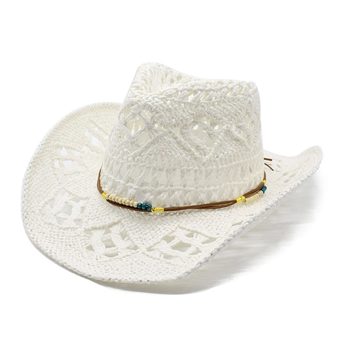 Chapeau De Cow-Boy En Paille De Papier Ajouré Large Bord Protection Solaire Été Plage Style Bohème Bande Perlée Femmes