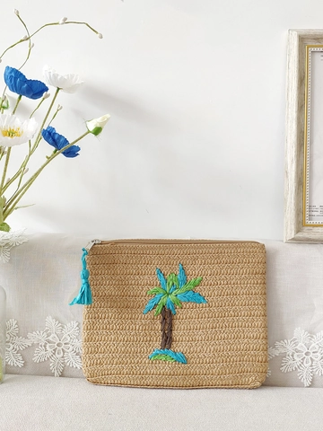 Straw Woven Clutch Bag For Women Summer Beach Vacation Handmade Embroidery Pineapple Palm Tree Pattern Envelope Pouch