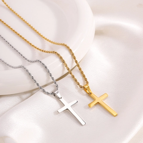 Collar Con Colgante De Cruz Acero Inoxidable Pulido Cadena De Cuerda Joyería De Moda Religiosa Minimalista Para Hombres