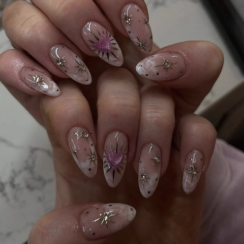 Amandel Press On Nagels Roze Glitter Hart Goud Ster Ontwerp Strass Gedecoreerd Lang Franse Stijl Kunstnagels