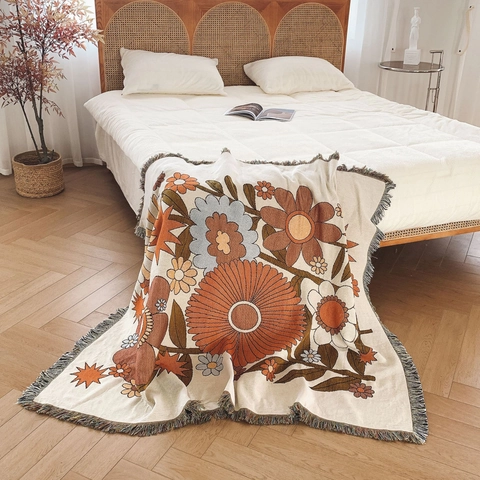 Woven Cotton Bohemian Throw Blanket Vintage Floral Sofa Cover With Tassels Multi-Functional Camping Picnic Mat Home Decor