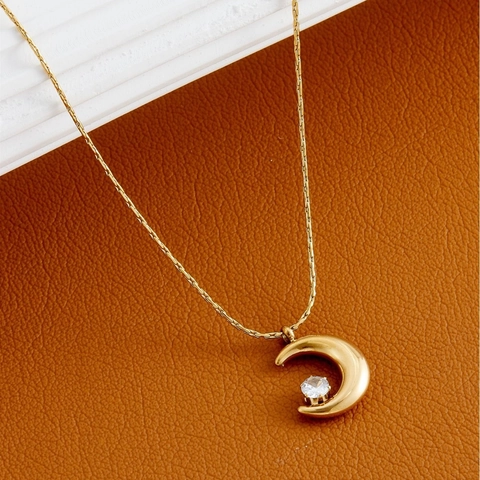 Collana Con Pendente A Mezzaluna In Acciaio Al Titanio Con Zircone Catena Per Clavicola Minimalista Gioielli Per Donna