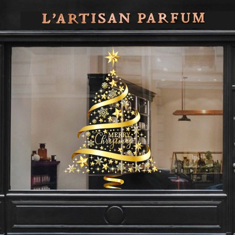 Golden Christmas Tree Window Clings Static PVC Sticker Merry Christmas Stars Snowflake Decals For Glass