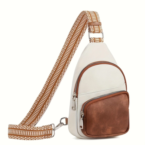 Women Sling Chest Bag PU Leather Crossbody With Geometric Woven Wide Adjustable Strap Multi Pocket Casual Simple Fashion