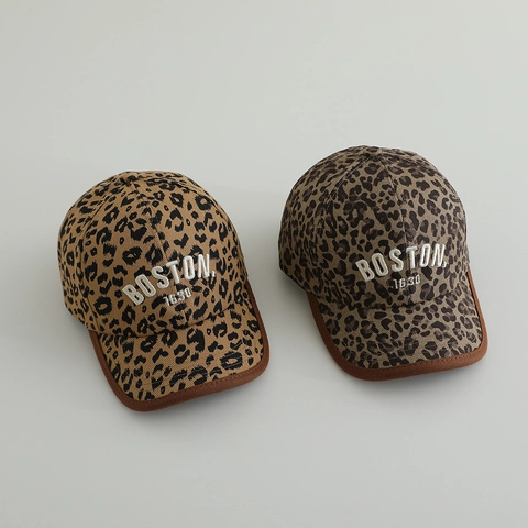 Kids Leopard Print Baseball Cap With Boston 1630 Embroidery Contrast Trim Adjustable Sun Hat For Toddler Boys Girls