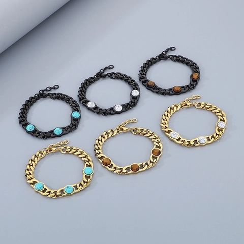 Stainless Steel Cuban Link Bracelet With Hexagon Turquoise And Tiger Eye Stone Unisex Punk Jewelry