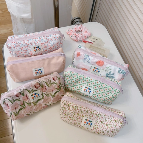 Floral Cotton Canvas Makeup Bag Sweet Pencil Case Large Capacity Zipper Pouch Travel Toiletry Organizer