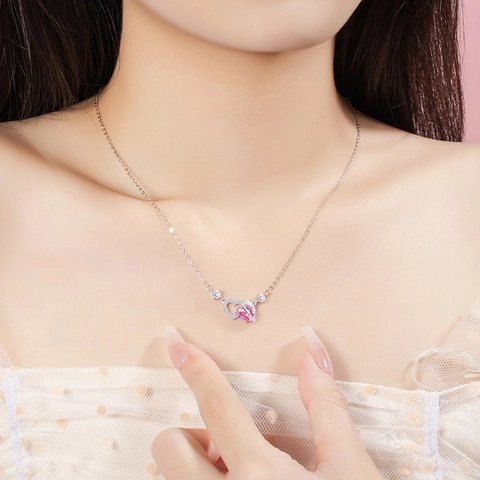925 Sterling Silver Pink Heart Zirconia Necklace Bracelet Stud Earrings Romantic Lightweight Luxury Women Jewelry Gift