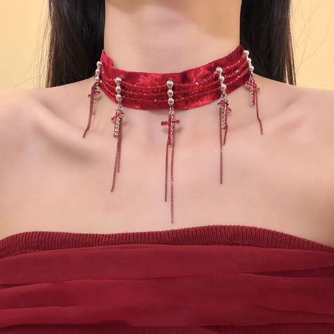 Velvet Rhinestone Cross Tassel Choker Necklace Gothic Punk Sweet Cool Style Adjustable Neckwear Jewelry For Women