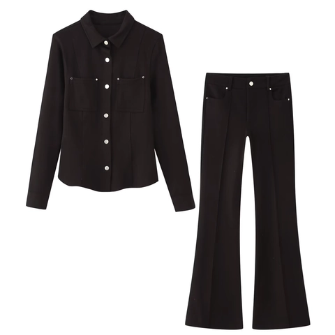 Conjunto De Camisa De Manga Larga Con Botones Y Pantalones Acampanados Para Mujer Color Sólido Poliéster Streetwear