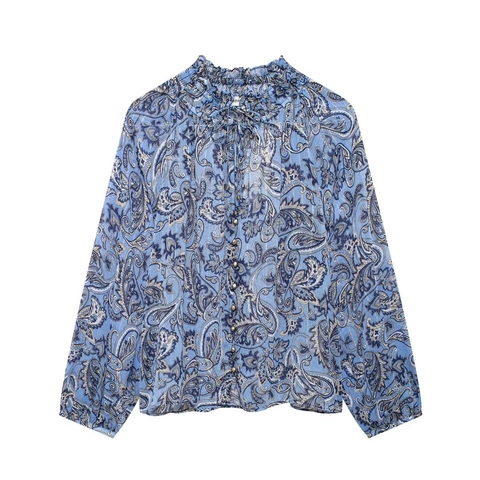 Women Chiffon Blouse Paisley Print Ruffle High Neck Tie Neck Long Sleeve Retro Elegant Office Tops