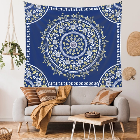 Tapiz De Pared Mandala Azul Marino Poliéster Floral Paisley Bohemio Decoración Para Sala De Estar Dormitorio