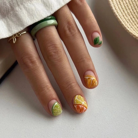 Uñas Postizas De Presión De Limón Cítricos Estilo Corto Verano Fresco Uñas Artificiales Con Pegamento Para Mujeres