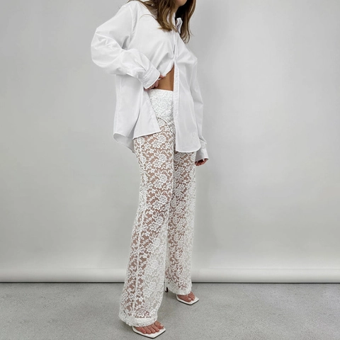 Women Sexy Lace See Through High Waisted Pants Floral Patchwork Long Straight Leg Trousers European Streetwear Casual Pants